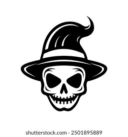 Halloween silhouette black skull logo  - for scary design or decor. Skull in hat silhouette, isolated on white background. Vector illustration, traditional Halloween decorative element. Tattoo design.