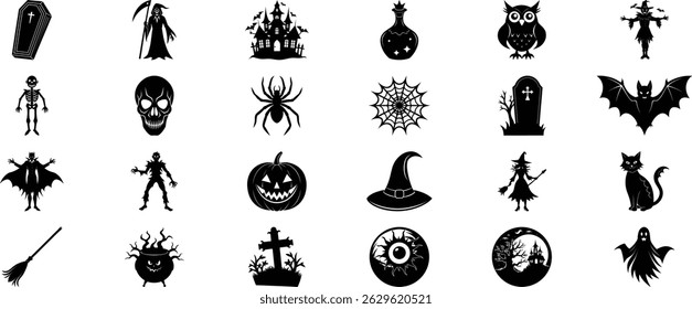 Halloween Silhouette Bundle, 24 Spooky Vector Icons of Ghosts, Witches, Pumpkins, Bats and More