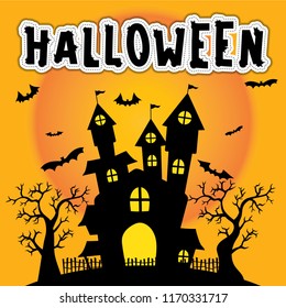 Halloween silhouette castle with dead tree on orange background.