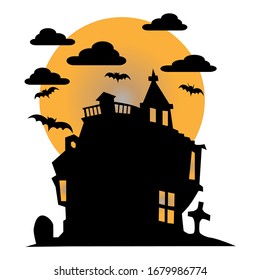 Halloween silhouette castle with dead tree on orange background.