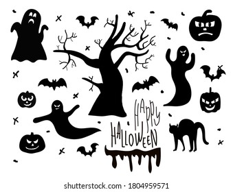 Halloween silhouette character set collection for celebration, template and decoration. various pumpkins, ghosts, cats and bats.