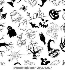 Halloween silhouette character set collection for celebration, template and decoration. Seamless pattern. Vector illustration