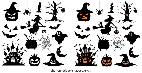 Halloween silhouette character set collection for celebration, template and decoration. Modern design.