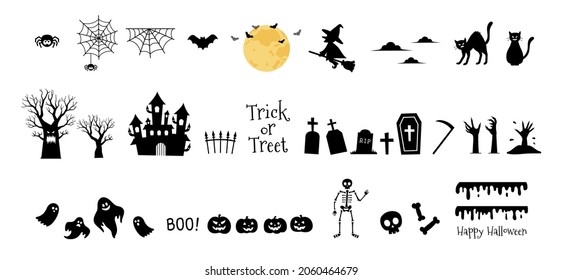 Juego de caracteres de silueta de Halloween. La colección en la sombra de fantasmas decora el sitio web en el festival de Halloween. conjunto de iconos. Plantilla y decoración. Estilo dibujado a mano de ilustración vectorial plana.