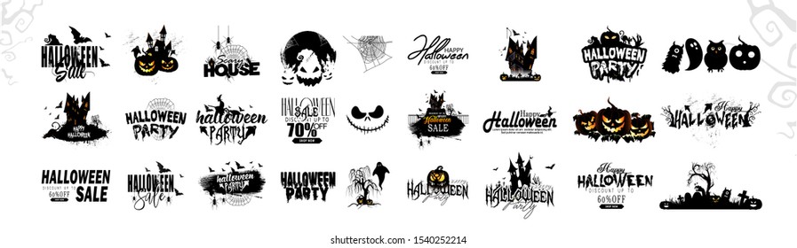 Halloween silhouette character set and typography collection for celebration