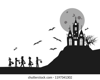Halloween silhouette children and castle