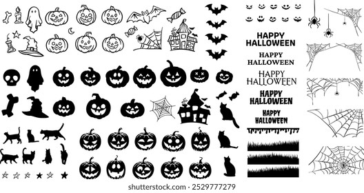 Halloween silhouette clip art set, black graphic elements and icons, festive holiday illustration collection, isolated, cute cartoon elements