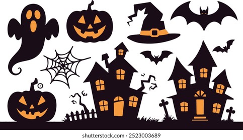 Halloween  silhouette collection elements seHalloweet with white background
