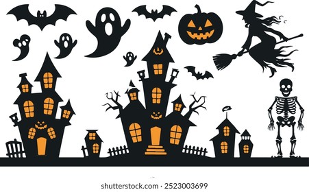 Halloween  silhouette collection elements seHalloweet with white background
