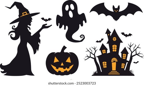 Halloween  silhouette collection elements seHalloweet with white background
