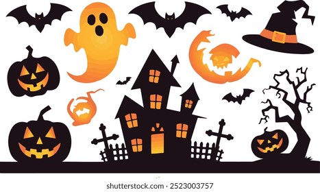 Halloween  silhouette collection elements seHalloweet with white background
