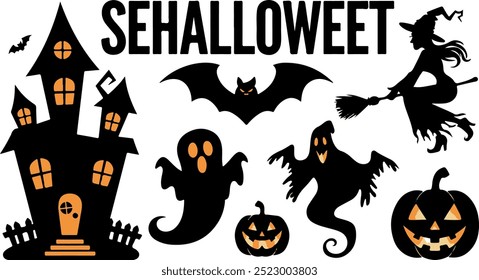 Halloween  silhouette collection elements seHalloweet with white background
