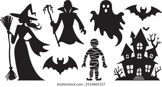 Halloween silhouette collection elements set with white background
