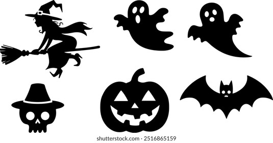 Elementos de coleção de silhueta de Halloween definidos com fundo branco
