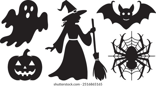 Elementos de coleção de silhueta de Halloween definidos com fundo branco
