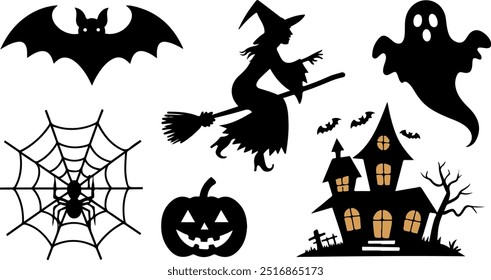 Halloween silhouette collection elements set with white background
