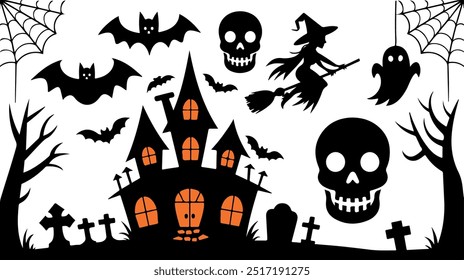 Halloween silhouette collection elements set with white background
