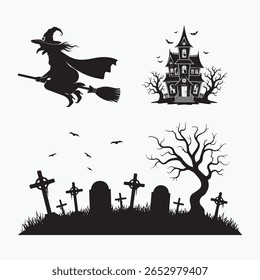 Halloween silhouette collection featuring a witch flying on a broomstick haunted house and graveyard, Vector Illustration.
