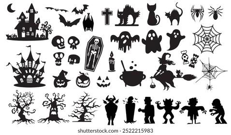 Halloween silhouette collection. Horror Halloween sticker set. Set of halloween and magic elements. Vector elements Pumpkins, castles, ghosts, skulls, black cats, witches, graves, spiders, pots of poi