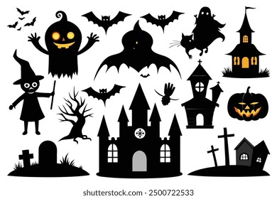 Halloween silhouette collection on a white background.
