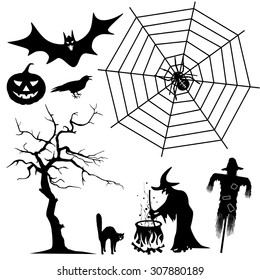 Halloween Silhouette Collection Set - Black Shapes - Spider, Witch, Pumpkin, Cat, Raven, Bat - Vector Illustration