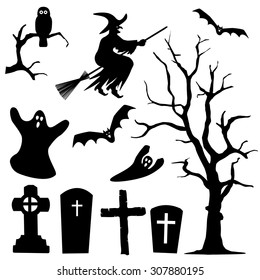 Halloween Silhouette Collection Set - Black Shapes - Owl, Witch, Ghost, Branch, Cross, Bat - Vector Illustration