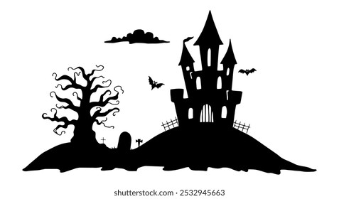 Halloween-Silhouettenkomposition. Schwarz-Weiß-Darstellung. Handgezeichnete Grafik. Schloss auf einem Hügel mit Baum und Grabstein, Fledermäuse für gruselige Urlaubsdekoration. Dunkle gotische Szene. Doodle-Stil.