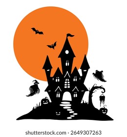 Halloween silhouette composition. Black and white illustration. Castle on the hill with orange moon, bats, ghosts, tree with sign, pumpkin. Hand drawn graphic. Dark gothic scene. Doodle style.