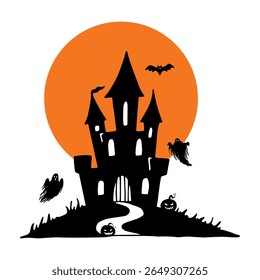 Halloween silhouette composition. Black and white illustration. Castle on the hill with moon, bats, ghosts, pumpkin. Hand drawn line graphic. Dark gothic scene for ominous holiday decor. Doodle style.