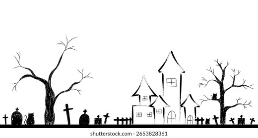 halloween silhouette and doodle scene with haunted house, trees, graveyard, black cat and copy space