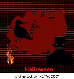Halloween - silhouette of Dracula view from the back, raven, fire - brick black and red wall - illustration, vector. Happy halloween party.
