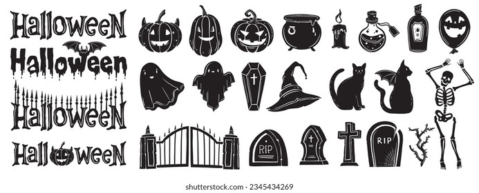 Halloween silhouette element set, vector spooky happy holiday text kit, creepy ghost shape, skeleton. Smiling pumpkin, witch hat, black cat cemetery gate tombstone grave. Halloween boo silhouette icon