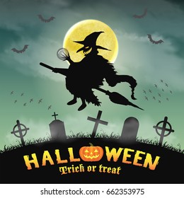 halloween silhouette flying witch in night graveyard