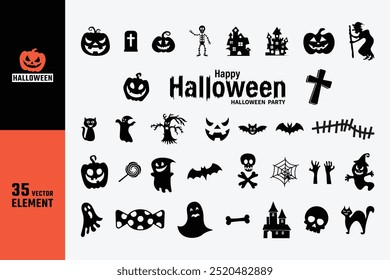 Halloween, silhouette, grave, black, pumpkin, icon, vector, design, isolated, art, house, illustration, cat, white, face, celebration, skull, holiday, cross, ghost, bone, skeleton, element, spider