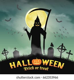 halloween silhouette grim reaper in night graveyard