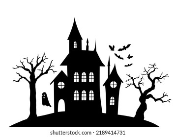 Halloween silhouette houses winh bat and ghost on white background. Day of dead vector illustration