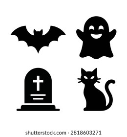 Halloween Silhouette Icon Set Bat Ghost Grave Cat Spooky Vector Collection