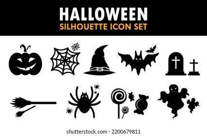 Halloween Silhouette Icon Set Pumpkin Web Hat Grave Holiday Illustration
