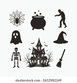 Ícones de silhueta de Halloween Master Collection, incluindo um caldeirão de casa assombrado esqueleto fantasma zumbi e vassoura bruxa, Ilustração Vetor.