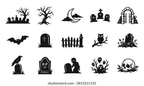 Halloween silhouette icons set featuring spooky cemetery elements, gravestones, eerie trees, crescent moon, bat, owl, raven, skull, and ghosts isolated on a white background.