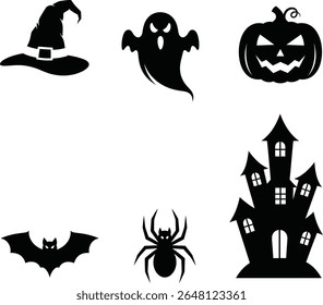 Halloween Silhouette Icons Set – Witch Hat, Ghost, Jack-o’-Lantern, Bat, Spider, Haunted House Symbols