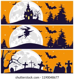 Halloween Silhouette Illustration Cover. House, graveyard, and Witch icon For Your Design Cover, Card, poster, invitation, etc.