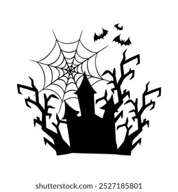 Halloween Silhouette Illustration mit Spukhaus, unheimlichen Bäumen und Spinnennetz. Verlassene Villa Grafik monochrome Zeichnung. Handgezeichnete Skizze. Für Halloween Party Einladung, Dekoration.