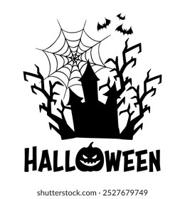 Halloween silhouette illustration with haunted house, spooky trees and spider web. Abandoned mansion graphic monochrome drawing. Hand drawn outline sketch. For Halloween party invitation, decoration.