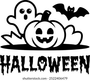 Halloween silhouette, illustration , simple, minimalism, flat color, vector illustration, thick outline, white background