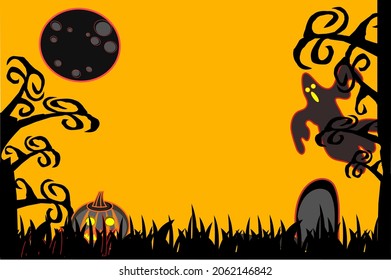 halloween silhouette of jack o lantern ghost tombstone cross moon castle in black and orange place to text