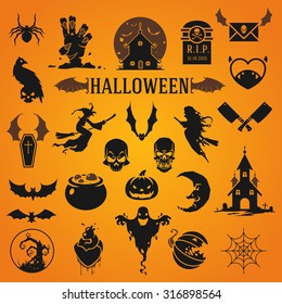 Ilustración vectorial de la colección de objetos de silueta de Halloween y iconos