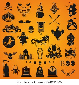 Halloween silhouette objects and icons collection vector illustration