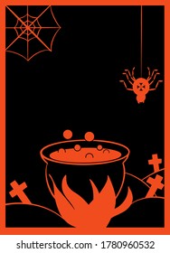 Halloween silhouette party invitation banner, flyer template with copy space for text. Cauldron pot with poison, crosses in the cemetery, spider, web, flame, bubbles. Black and orange vertical vector