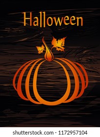 Halloween. Silhouette of a pumpkin. Vector on wooden background. Greeting card for a holiday or an invitation to a party.